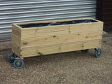 Wooden planters on wheels / casters (wooden trough planter, 3 rows of decking)