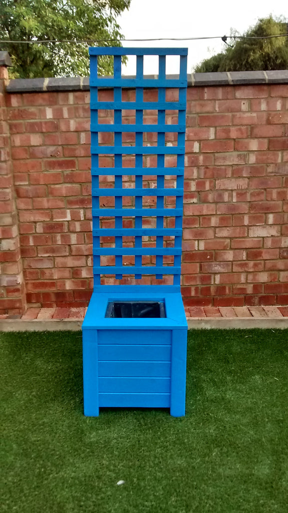 Aston square wooden planters 55cm high with trellis - Painted with Protek Bristol Blue wood stain