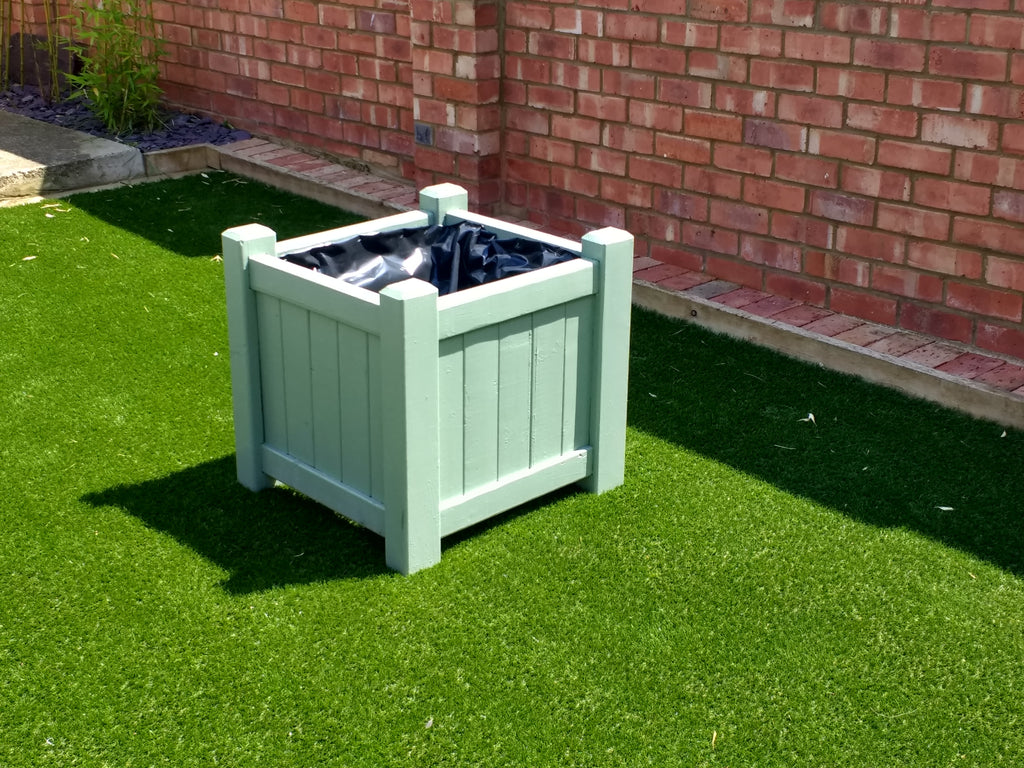 Versailles square wooden planters, without finials, painted with Cuprinol's Willow