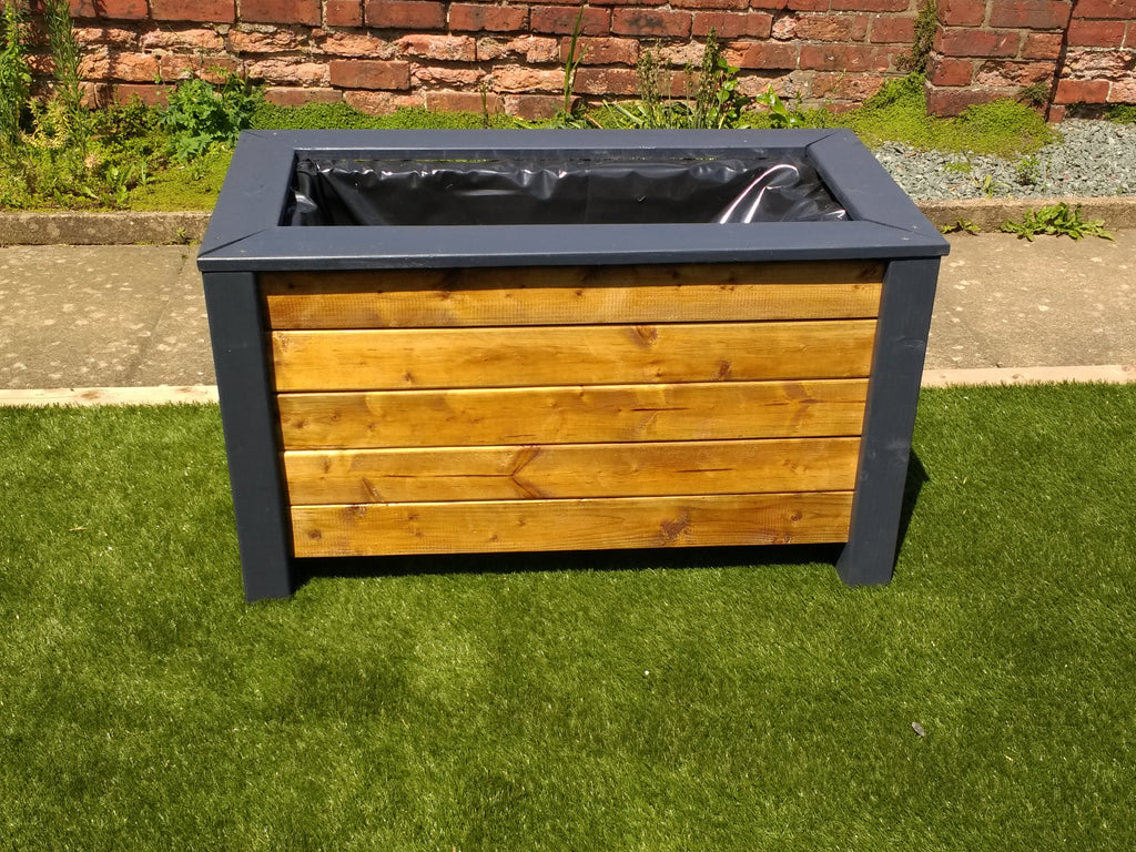 Aston trough wooden planter - painted with Cuprinol's Urban Slate and Light Oak Stained rows of timber