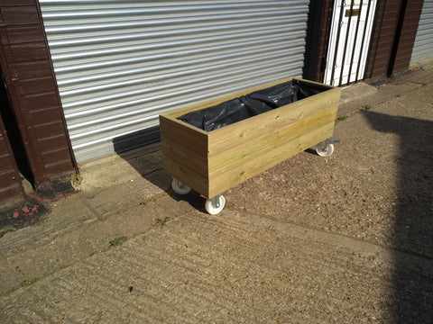 Smooth trough planters with 3 rows of planks on wheels / casters