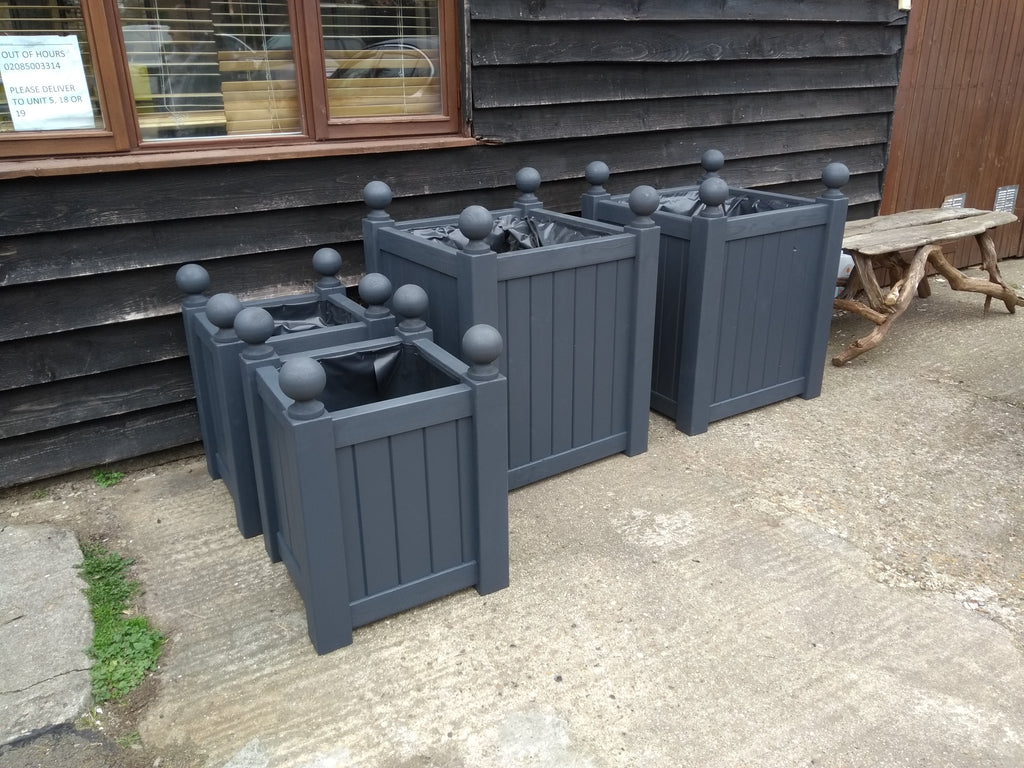 Versailles square wooden planters painted with Cuprinol's Urban Slate