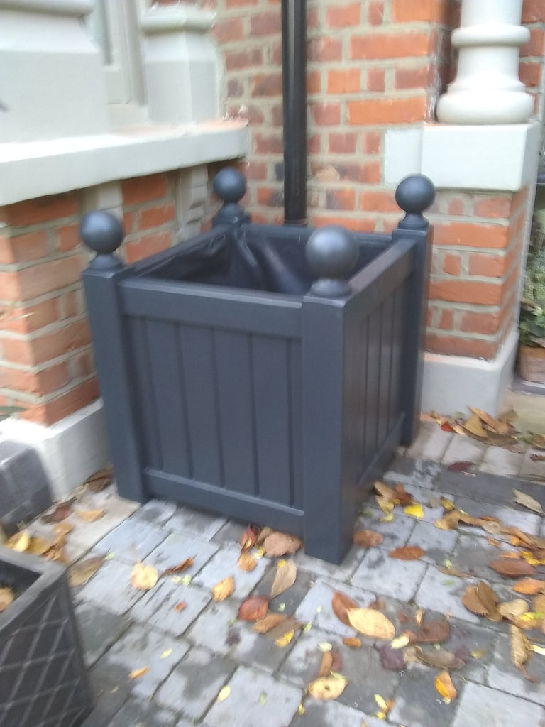 Versailles square wooden planters painted with Farrow and Ball's Off Black