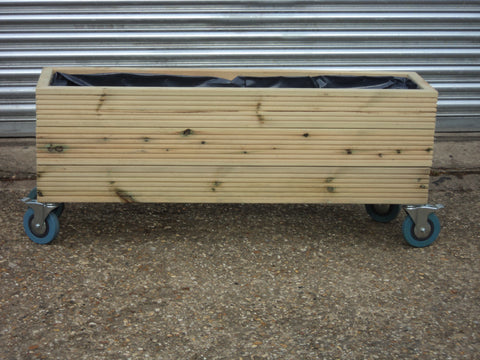 Wooden planters on wheels / casters (wooden trough planter, 3 rows of decking)