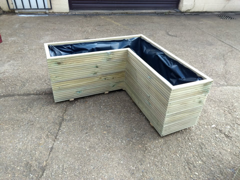 L shaped corner wooden planters, 4 rows of decking