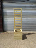 Block style square wooden planters with spaces between the rows with trellis