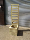 Block style square wooden planters with spaces between the rows with trellis