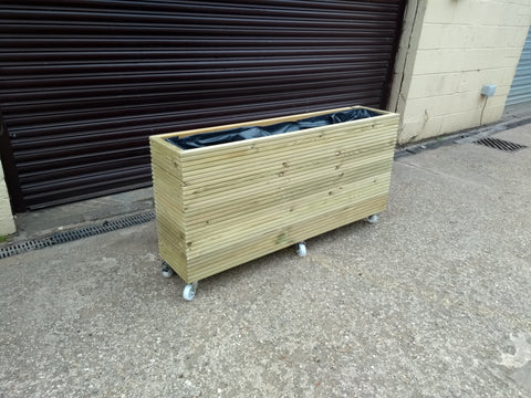 Wooden planters on wheels / casters (wooden trough planter, 5 rows of decking)